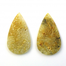 Carved Golden Rutilated Quartz Pear Shape 45X26X4mm Matching Pair 75,10 Carat