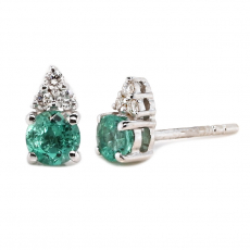 Colombian Emerald Round 0.45 Carat Stud Earrings in 14K White Gold with Diamond Accents