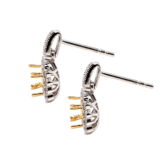 Cushion Shape 5mm Dangle Earrings Semi Mount in Dual Tone(White/Yellow) with Diamond Accents