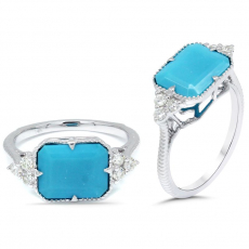 East West Turquoise Emerald Cut 2.76 Carat Ring in 14K White Gold with Diamond Accents