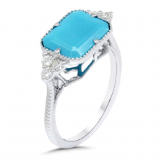 East West Turquoise Emerald Cut 2.76 Carat Ring in 14K White Gold with Diamond Accents