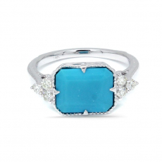 East West Turquoise Emerald Cut 2.76 Carat Ring in 14K White Gold with Diamond Accents