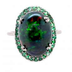 Ethiopian Black Opal Cab Oval 5.82 Carat Ring in 14K White Gold with Emerald Accents