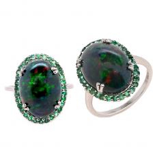 Ethiopian Black Opal Cab Oval 5.82 Carat Ring in 14K White Gold with Emerald Accents