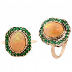 Ethiopian Opal Cab Oval 1.68 Carat Ring in 14K Yellow Gold with Emerald Accents