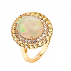 Ethiopian Opal Cab Oval 3.06 Carat Ring in 14K Yellow Gold with Diamond and yellow Sapphire Accents