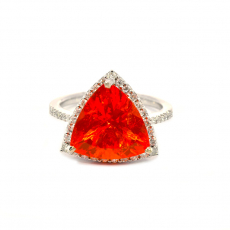 Fire Opal Trillion Shape 3.73 Carat Ring In 14K White Gold Accented With Diamonds