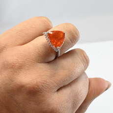 Fire Opal Trillion Shape 3.73 Carat Ring In 14K White Gold Accented With Diamonds