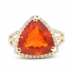 Fire Opal Trillion Shape 4.09 Carat Ring In 14K Yellow Gold Accented With Diamonds