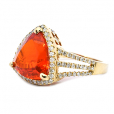 Fire Opal Trillion Shape 4.09 Carat Ring In 14K Yellow Gold Accented With Diamonds