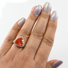 Fire Opal Trillion Shape 4.09 Carat Ring In 14K Yellow Gold Accented With Diamonds