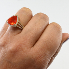 Fire Opal Trillion Shape 4.09 Carat Ring In 14K Yellow Gold Accented With Diamonds