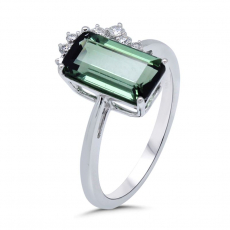 Green Tourmaline Emerald Cut 2.36 Carat Ring in 14K White Gold with Diamond Accents