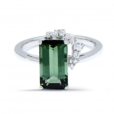 Green Tourmaline Emerald Cut 2.36 Carat Ring in 14K White Gold with Diamond Accents