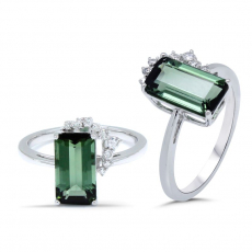 Green Tourmaline Emerald Cut 2.36 Carat Ring in 14K White Gold with Diamond Accents