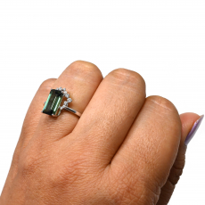 Green Tourmaline Emerald Cut 2.36 Carat Ring in 14K White Gold with Diamond Accents