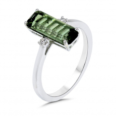 Green Tourmaline Emerald Cut 2.49 Carat Ring in 14K White Gold with Diamond Accents