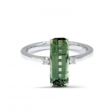 Green Tourmaline Emerald Cut 2.49 Carat Ring in 14K White Gold with Diamond Accents