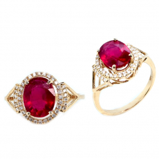 Madagascar Ruby Oval 3.82 Carat Ring in 14K Yellow Gold with Diamond Accents