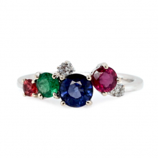 Multi Precious Stone Round 1.7 Carat Ring in 14K White Gold with Diamond Accents(Nigerian Sapphire, Padparadscha Sapphire, Emerald and Ruby)