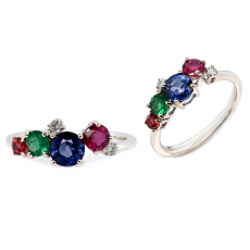 Multi Precious Stone Round 1.7 Carat Ring in 14K White Gold with Diamond Accents(Nigerian Sapphire, Padparadscha Sapphire, Emerald and Ruby)