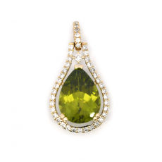 Peridot Pear Shape 3.09 Carat Pendant In 14K  Yellow Gold Accented With Diamonds