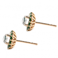 Rainbow Moonstone Round Cab 1.10 Carat Stud Earrings in 14K Yellow Gold with Emerald Accents