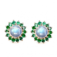 Rainbow Moonstone Round Cab 1.10 Carat Stud Earrings in 14K Yellow Gold with Emerald Accents