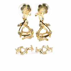 Trillion Shape 6mm Vine Design  Earring  Semi Mount in 14K Yellow Gold with Diamond Accents