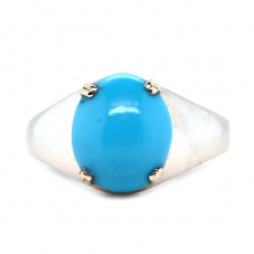 Turquoise Cab Oval 3.38 Carat Men's Ring in 14K white Gold