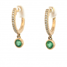 Zambian Emerald Round 0.53 Carat Huggie Earring In 14k Yellow Gold With Accent Diamonds