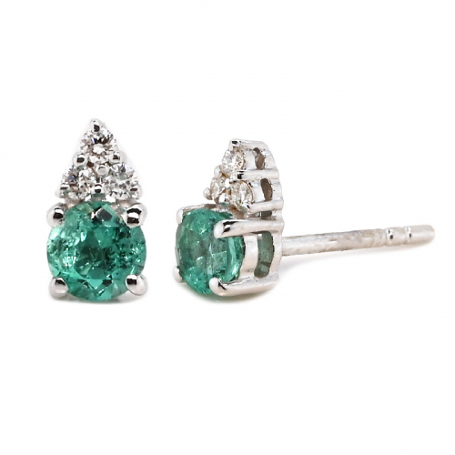 Colombian Emerald Round 0.45 Carat Stud Earrings In 14k White Gold With Diamond Accents