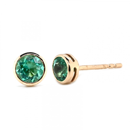 Colombian Emerald Round 0.60 Carat Solitaire Stud Earring In 14k Yellow Gold