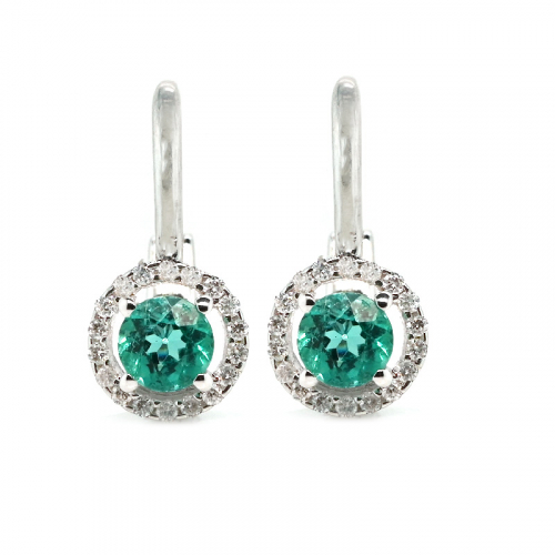 Colombian Emerald Round 0.61 Carat Dangle Earrings In 14k White Gold With Diamond Accents