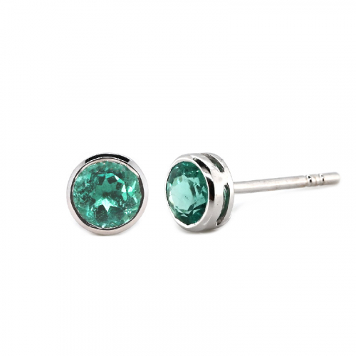 Colombian Emerald Round 0.74 Carat Solitaire Stud Earring in 14K White Gold