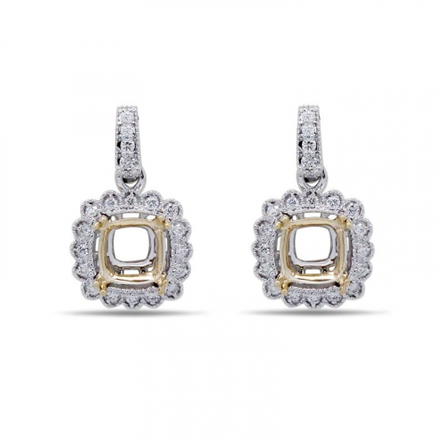 Cushion Shape 5mm Dangle Earrings Semi Mount In Dual Tone(white/yellow) With Diamond Accents