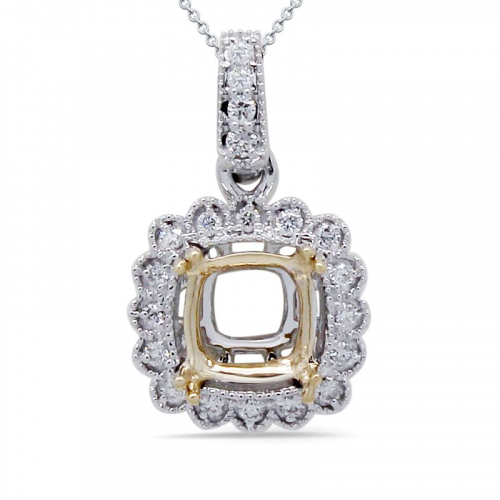 Cushion Shape 6mm Pendant Semi Mount In 14k Dual Tone(white/yellow) Gold With Diamond Accents(chain Not Included)