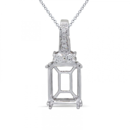 Emerald Cut 10x8mm Pendant Semi Mount in 14K White Gold with Diamond Accents(Chain Not Included)