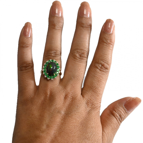 Ethiopian Black Opal Cab Oval 4.59 Carat Ring in 14K Yellow Gold with Diamond and Emerald Accents