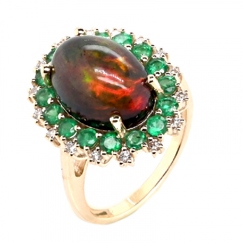 Ethiopian Black Opal Cab Oval 4.59 Carat Ring in 14K Yellow Gold with Diamond and Emerald Accents