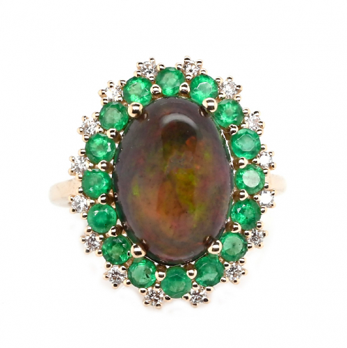 Ethiopian Black Opal Cab Oval 4.59 Carat Ring in 14K Yellow Gold with Diamond and Emerald Accents