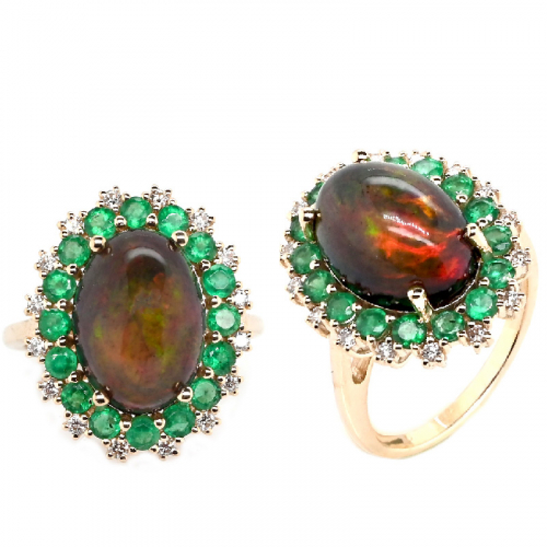 Ethiopian Black Opal Cab Oval 4.59 Carat Ring In 14k Yellow Gold With Diamond And Emerald Accents