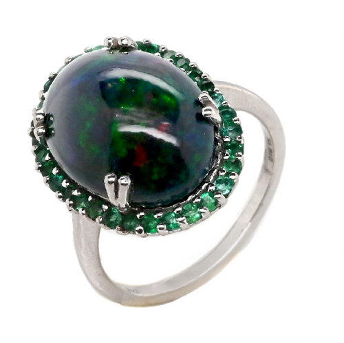 Ethiopian Black Opal Cab Oval 5.82 Carat Ring In 14k White Gold With Emerald Accents