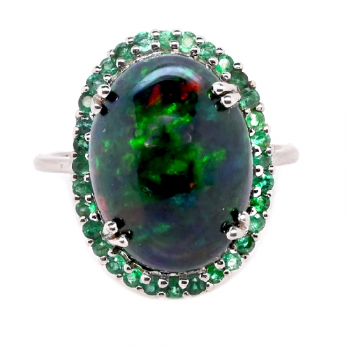 Ethiopian Black Opal Cab Oval 5.82 Carat Ring in 14K White Gold with Emerald Accents