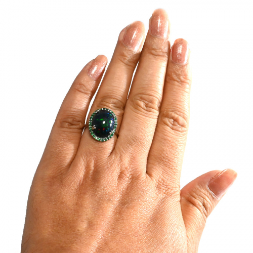 Ethiopian Black Opal Cab Oval 5.82 Carat Ring In 14k White Gold With Emerald Accents