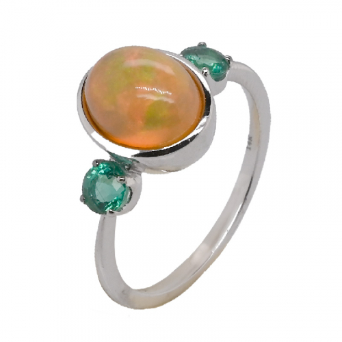 Ethiopian Opal Cab Oval 1.58 Carat Ring in 14K White Gold with Emerald Accents