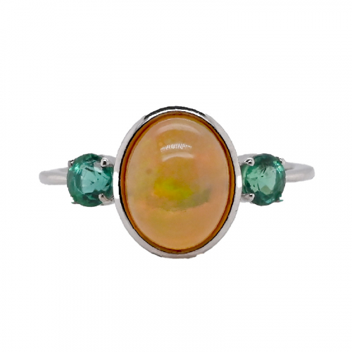 Ethiopian Opal Cab Oval 1.58 Carat Ring in 14K White Gold with Emerald Accents