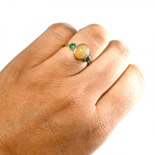 Ethiopian Opal Cab Oval 1.58 Carat Ring In 14k White Gold With Emerald Accents