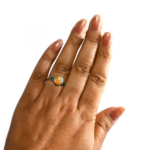 Ethiopian Opal Cab Oval 1.58 Carat Ring In 14k White Gold With Emerald Accents