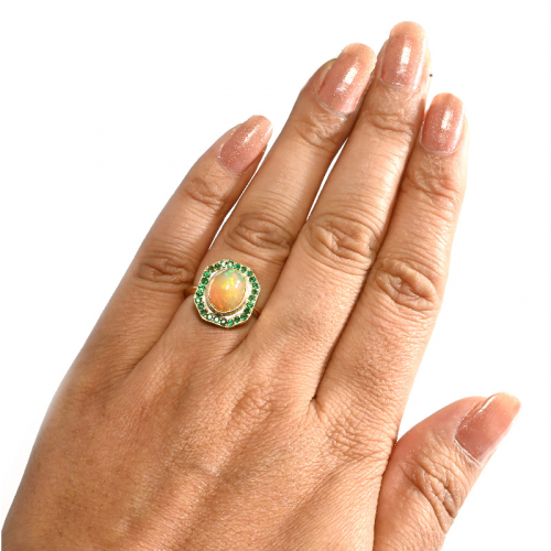 Ethiopian Opal Cab Oval 1.68 Carat Ring In 14k Yellow Gold With Emerald Accents